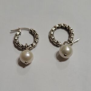 JH Essential Pearl Drop Hoop Earring, Sterling Silver, 20MM